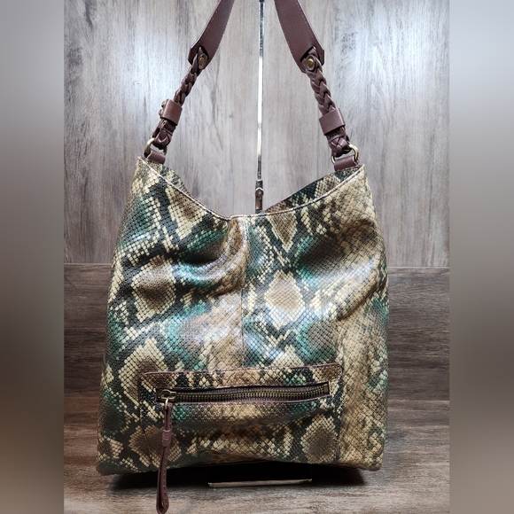 Rafe New York Python Leather Embossed Large Tote Tassel Brown Cream Teal Purse - Picture 2 of 11